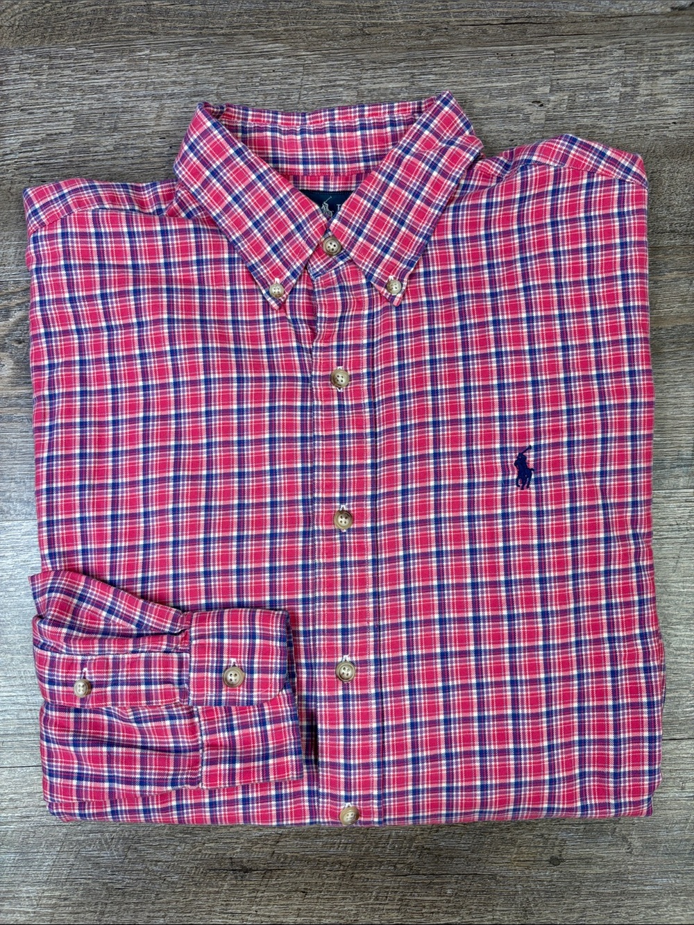 Ralph Lauren Classic Fit Red Navy Plaid Button Down Shirt Size Large